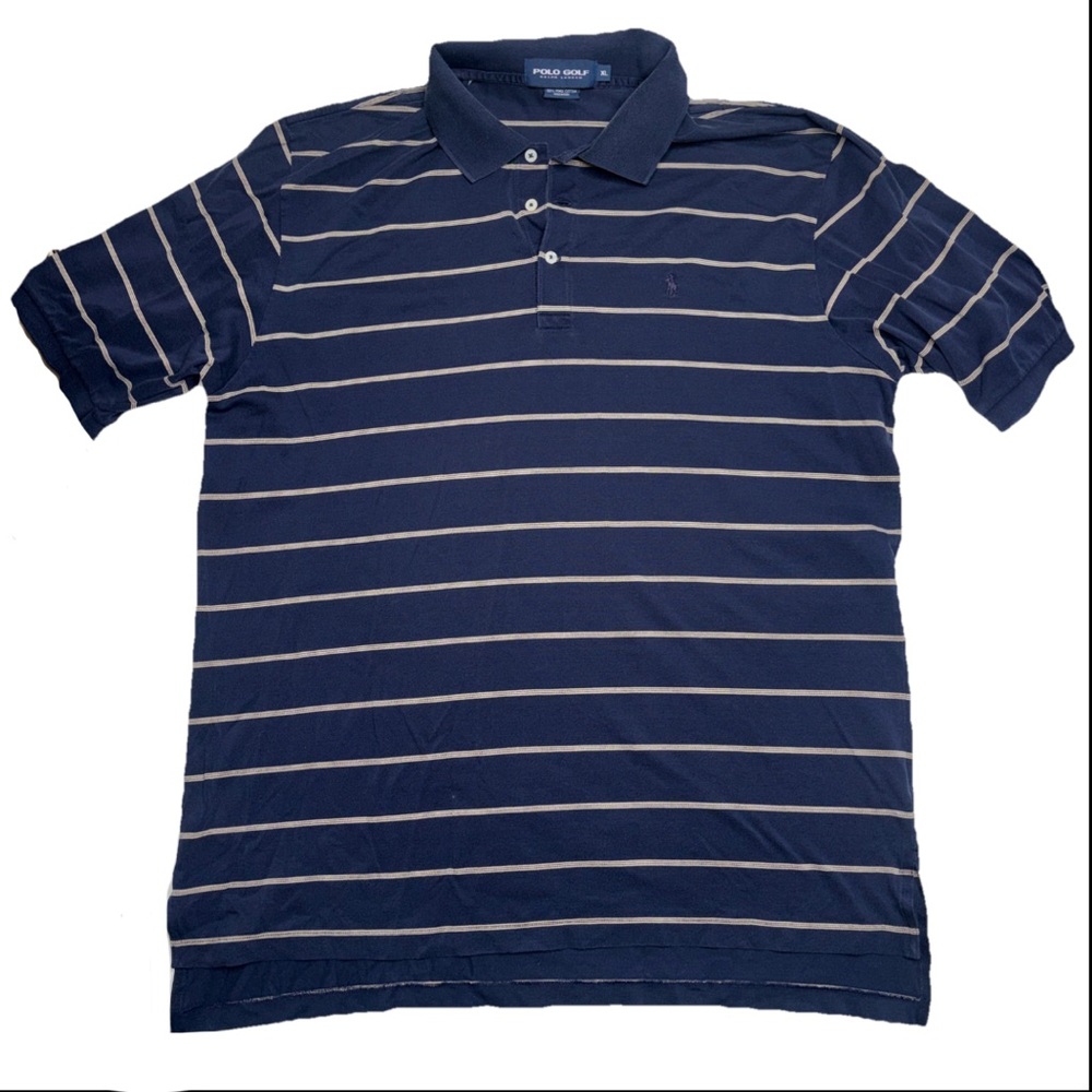 Polo Golf Ralph Lauren Navy Blue Tan Color Stripe Pima Cotton Shirt Men Size XL